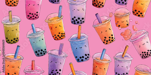Colorful bubble tea cups with cute smiley faces seamless pattern for cafe branding, packaging, textiles, wallpapers, stationery, wrapping paper, and trendy youth design