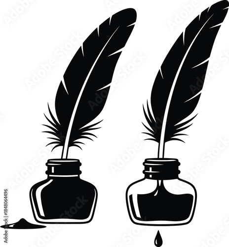 Vintage quill pens in ink bottles illustration