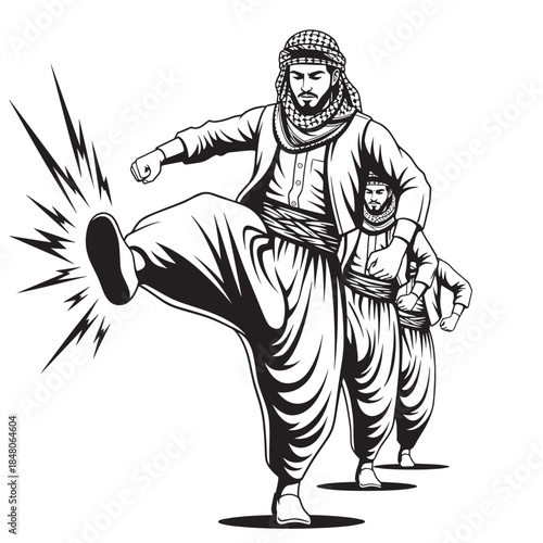 Bearded man in traditional robe executing a powerful high kick with a child nearby in a monochrome illustration.