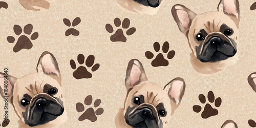 French Bulldog faces with dark paw prints seamless pattern for pet shop branding, textiles, wallpapers, packaging, stationery, and modern home decor design.
