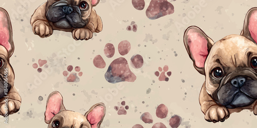 French Bulldog faces with dark paw prints seamless pattern for pet shop branding, textiles, wallpapers, packaging, stationery, and modern home decor design.