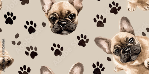 French Bulldog faces with dark paw prints seamless pattern for pet shop branding, textiles, wallpapers, packaging, stationery, and modern home decor design.