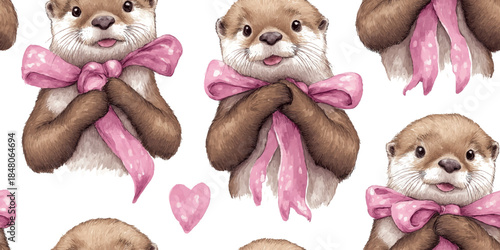 Cute otters wearing pink bows with hearts seamless pattern for nursery wallpaper, children's textiles, packaging, stationery, wrapping paper, and romantic branding