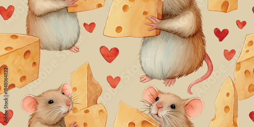 Playful little mice hiding behind cheese slices with hearts seamless pattern for children's textiles, nursery wallpaper, packaging, stationery, wrapping paper, and kitchen decor