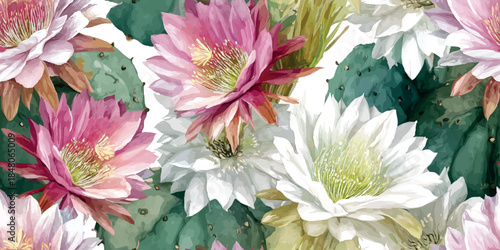 Lush Desert Cactus Flower Seamless Pattern featuring Large Pink and White Blooms for Botanical Decor.