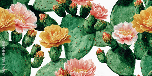 Title: Watercolor cactus plants with blooming pink flowers and red hearts seamless pattern for desert-themed textiles, home decor, wallpapers, stationery, wrapping paper, and branding