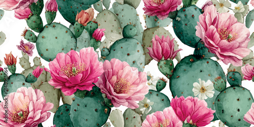 Vibrant blooming cactus with pink flowers seamless pattern for summer textiles, home decor, wallpapers, packaging, branding, stationery, wrapping paper, and botanical design