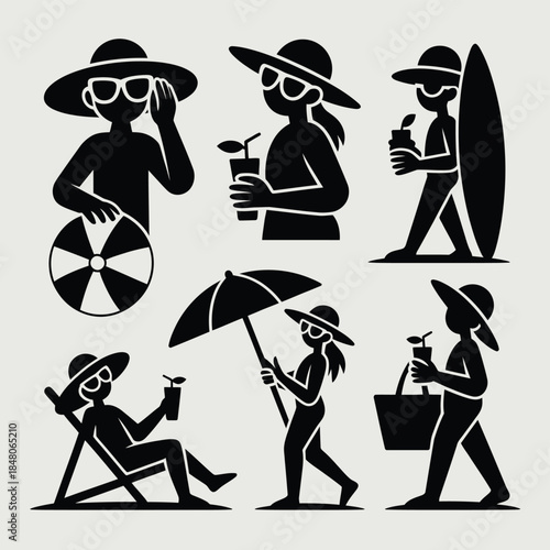 Black silhouettes of people enjoying summer activities at the beach