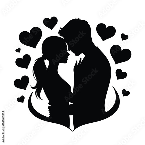 Silhouetted couple embraced surrounded by floating hearts a symbol of love