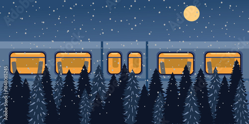 Night Train Journey Under the Moonlight. Midnight Train Ride. Winter Journey by Train