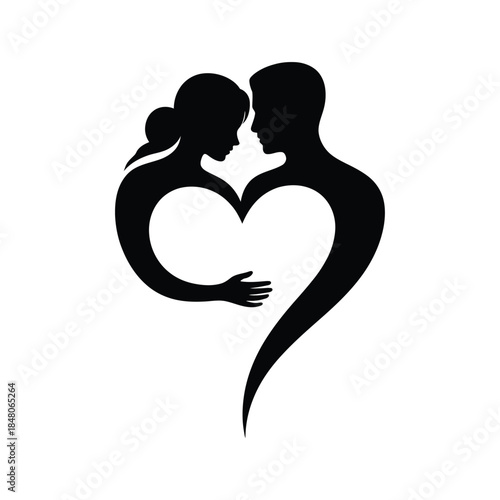Silhouette of a couple forming a heart shape with loving embrace