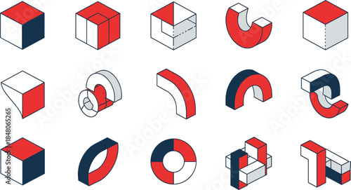 Isometric 3D geometric shape grid vector with red, white, and blue stylized forms for abstract design content.