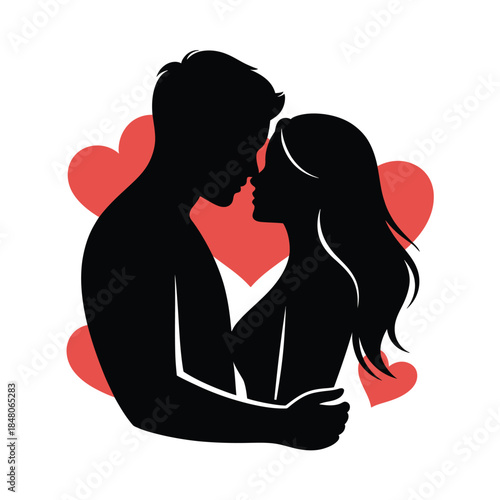 Silhouetted couple embracing with red hearts a romantic illustration