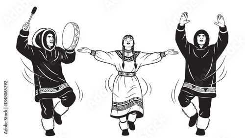 Traditional folk dancers performing energetic drum led dance in cultural celebration.