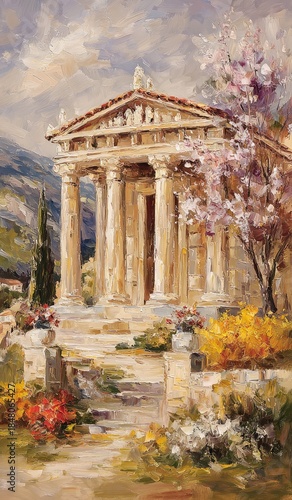 Impressionistic Painting of Ancient Greek Temple with Vibrant Spring Blossoms whimsical story art 