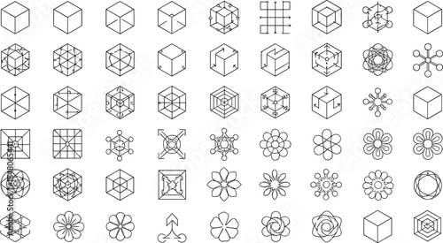 Abstract geometric symbol grid vector with cubes, arrows, floral patterns, and molecular shapes for design, logic, and educational use.