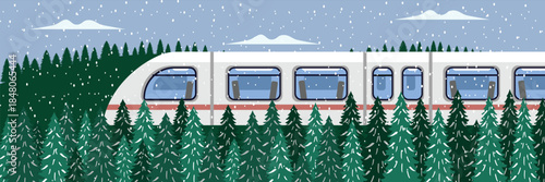 Serene Winter Railway Through Snowy Trees. Train Ride Across the Winter Forest. Forest winter hill. Christmas holiday.