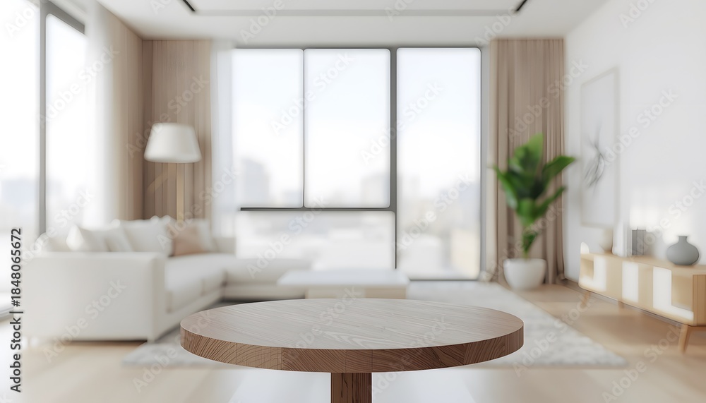 Fototapeta premium Minimalist Living Room Interior: A modern and inviting living room interior design, complete with a natural wooden table in the foreground, creating a clean and comfortable atmosphere.