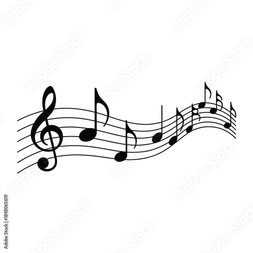 Musical notes and treble clef floating on a white background