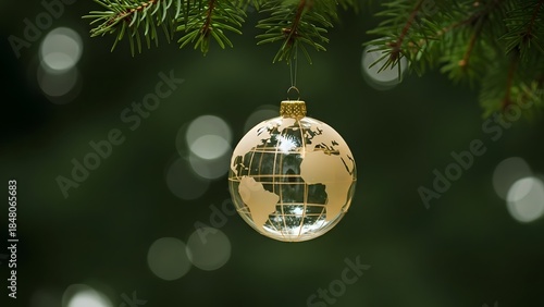 Glass Earth Globe Ornament on Christmas Tree Branch, Dark Bokeh