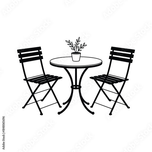 A simple black and white illustration of a bistro set with chairs