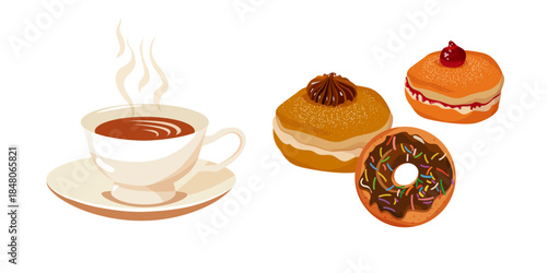 Vector illustration of a festive donuts in colorful glaze with a cup of coffee on a white background. Set of three different donuts	
