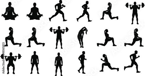 Fitness exercise silhouettes showing yoga, running, strength training, cardio workouts, and stretching poses for healthy active lifestyle illustration