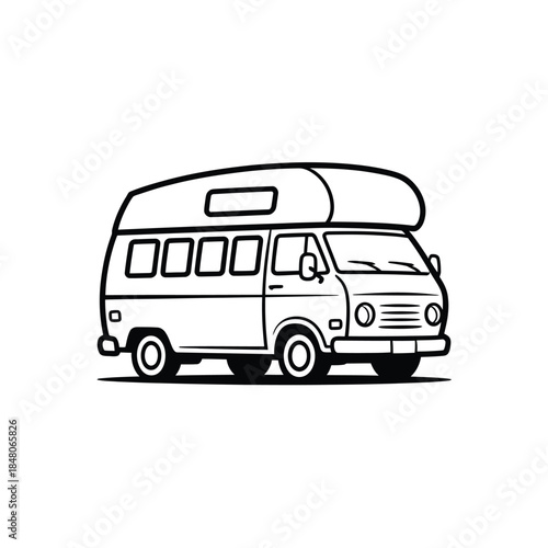 Vintage camper van with rooftop tent a simple black and white illustration