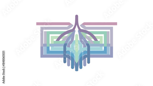 Symmetrical abstract geometric design featuring layered pastel colored shapes and a central focal