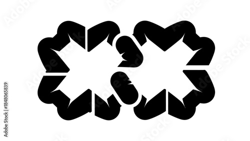 Symmetrical abstract black and white geometric design with intricate shapes and open spaces in a