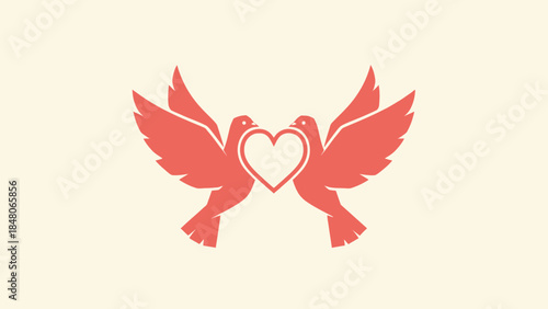 Symmetrical graphic of two stylized doves facing each other holding a heart shape