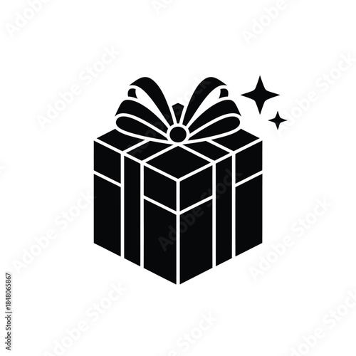 A simple black and white illustration of a gift box with a bow