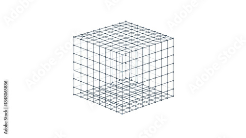 Three-dimensional wireframe cube with internal grid structure and shading effects for technical
