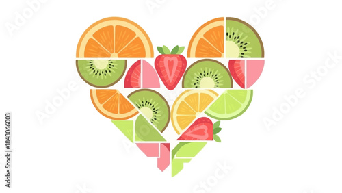 Vibrant Fruit Collage in the Shape of a Heart Showcasing Fresh Citrus and Berries