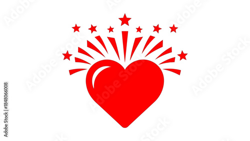 Vibrant celebration of love with a bold red heart surrounded by dynamic stars and radiating lines