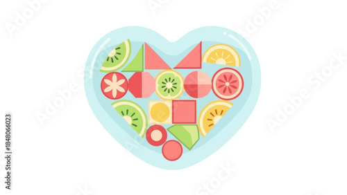 Vibrant Heart-Shaped Arrangement of Colorful Fruit Slices and Geometric Shapes for Healthy Eating