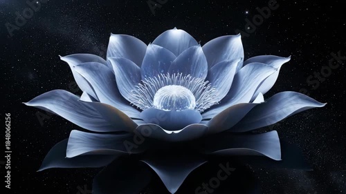 Cosmic time-lapse of a metallic silver lotus flower slowly unfolding its petals against a starry background