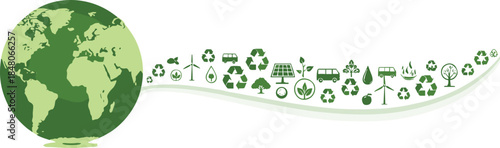 Green Earth vector with eco-friendly icons including recycling, renewable energy, water conservation, and sustainability for environmental design content.