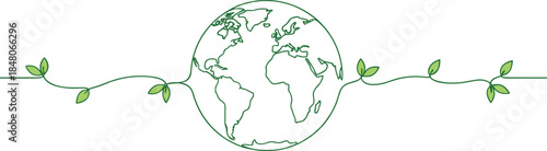 Green Earth vector with vine and leaves symbolizing global nature connection, sustainability, and environmental conservation design content.