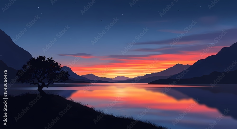 Obraz premium Serene mountain lake reflects fiery sunset sky at dusk