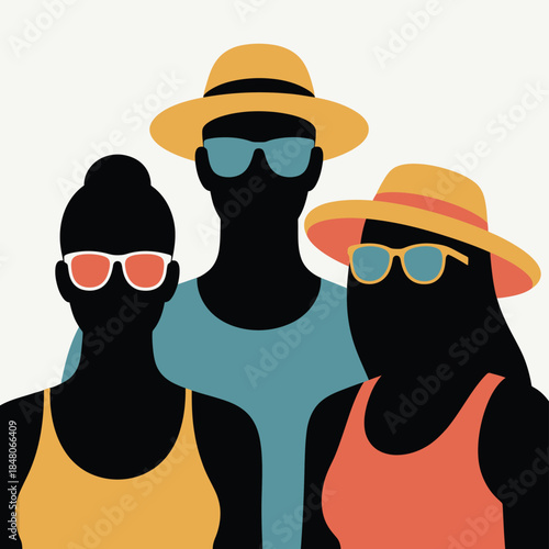 A vibrant illustration of three people enjoying a summer day out