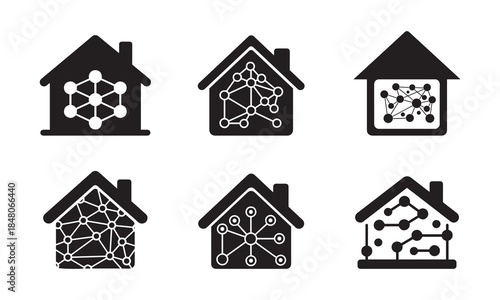 Six different smart home connectivity and network icons representing modern technology in housing