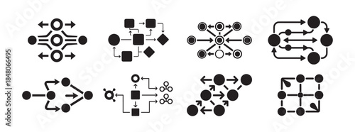 Set of black and white icons for network diagrams and data flow visualization