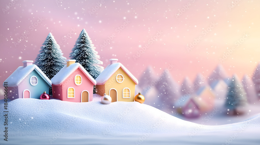 Fototapeta premium Christmas winter village with colorful houses and snow-covered pine trees with festive and cozy holiday atmosphere. Perfect for Christmas cards, winter banner promotions. 