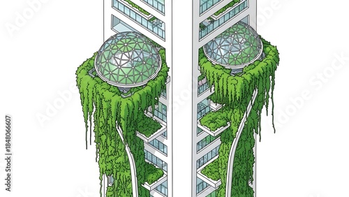 Vertical Garden Skyscraper with Geodesic Dome Illustration
