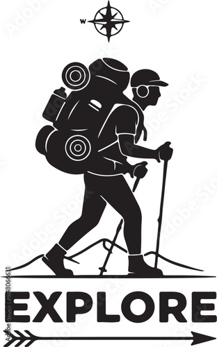 Black and white silhouette of a hiker with a large backpack and trekking poles walking under a compass symbol with the word explore also transparent background