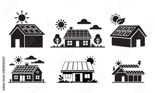 Collection of solar panel house icons representing sustainable energy and green homes