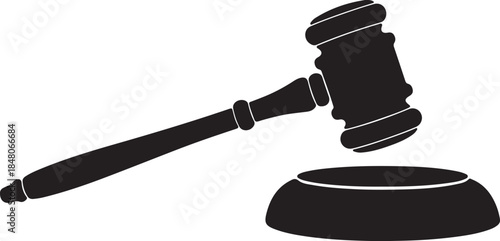 Black judge gavel resting on a sound block in a silhouette style also transparent background