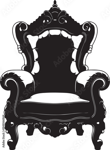 Ornate black and white chair with intricate carvings and a cushioned seat also transparent background