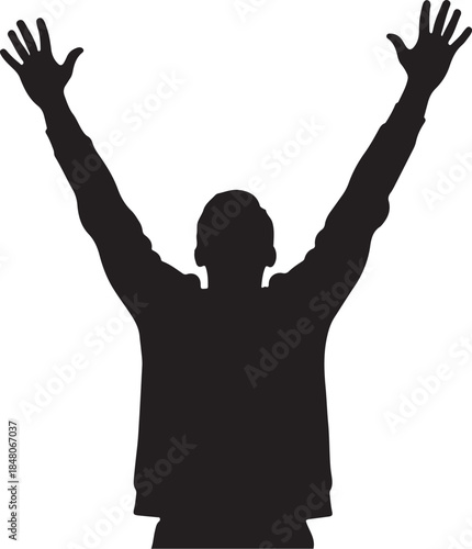 Silhouette of a person with arms raised against a white background also transparent background black figure